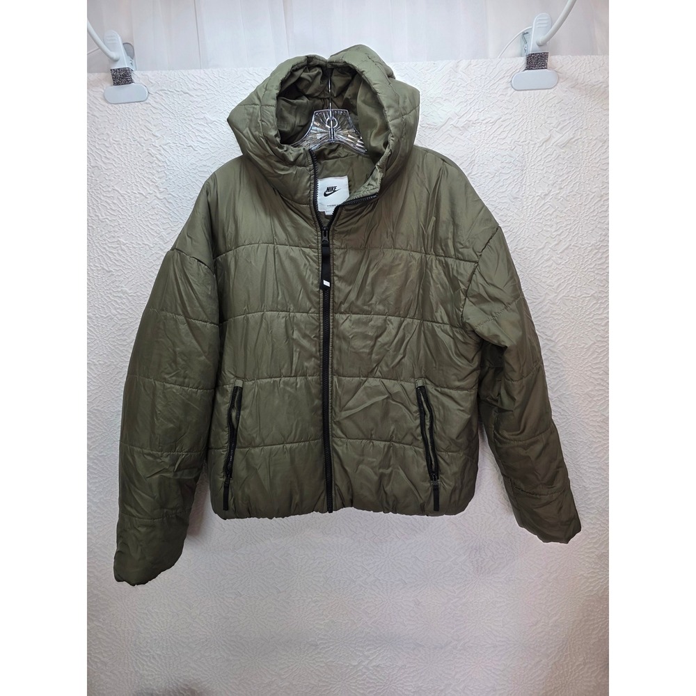 Nike Puffer Jacket Womens Medium Olive Green Good Therma-FIT Repel Hooded